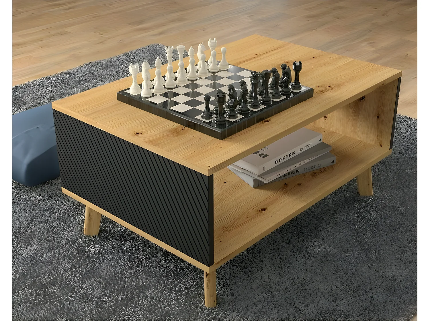 Table basse Chêne artisan/noir mat fraisé 90x60cm avec étagére de haute qualité modèle Luxi