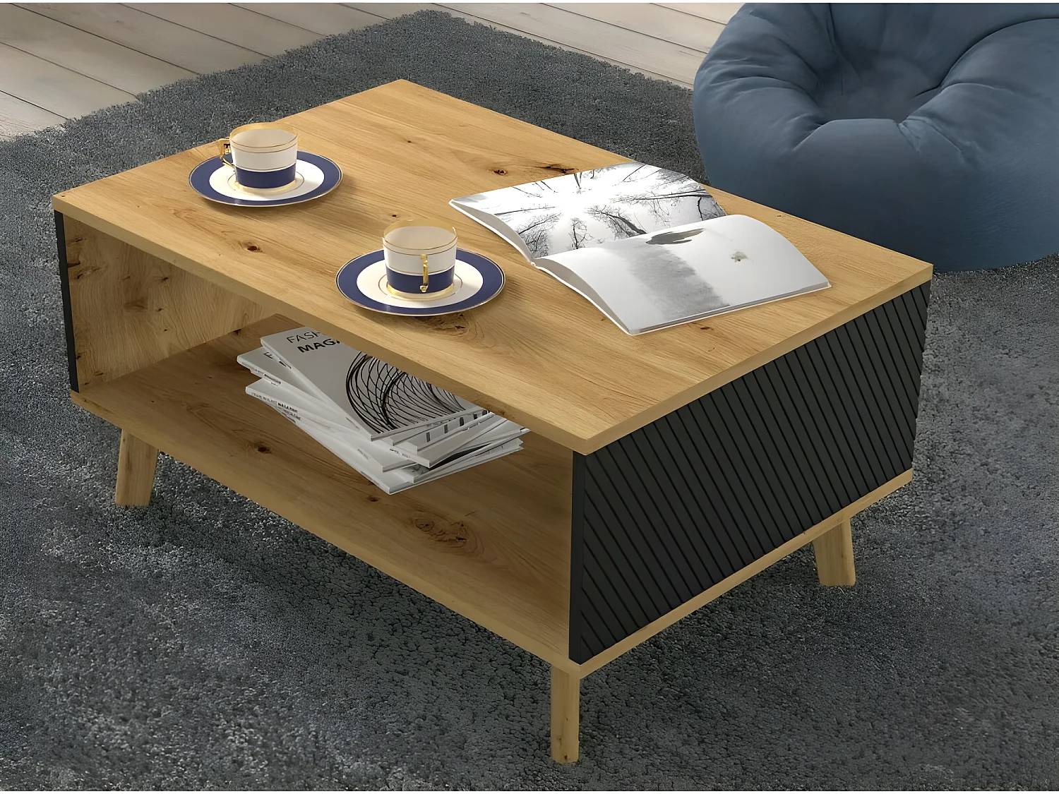Table basse Chêne artisan/noir mat fraisé 90x60cm avec étagére de haute qualité modèle Luxi