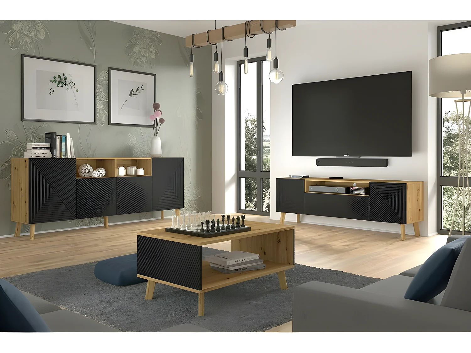 Table basse Chêne artisan/noir mat fraisé 90x60cm avec étagére de haute qualité modèle Luxi