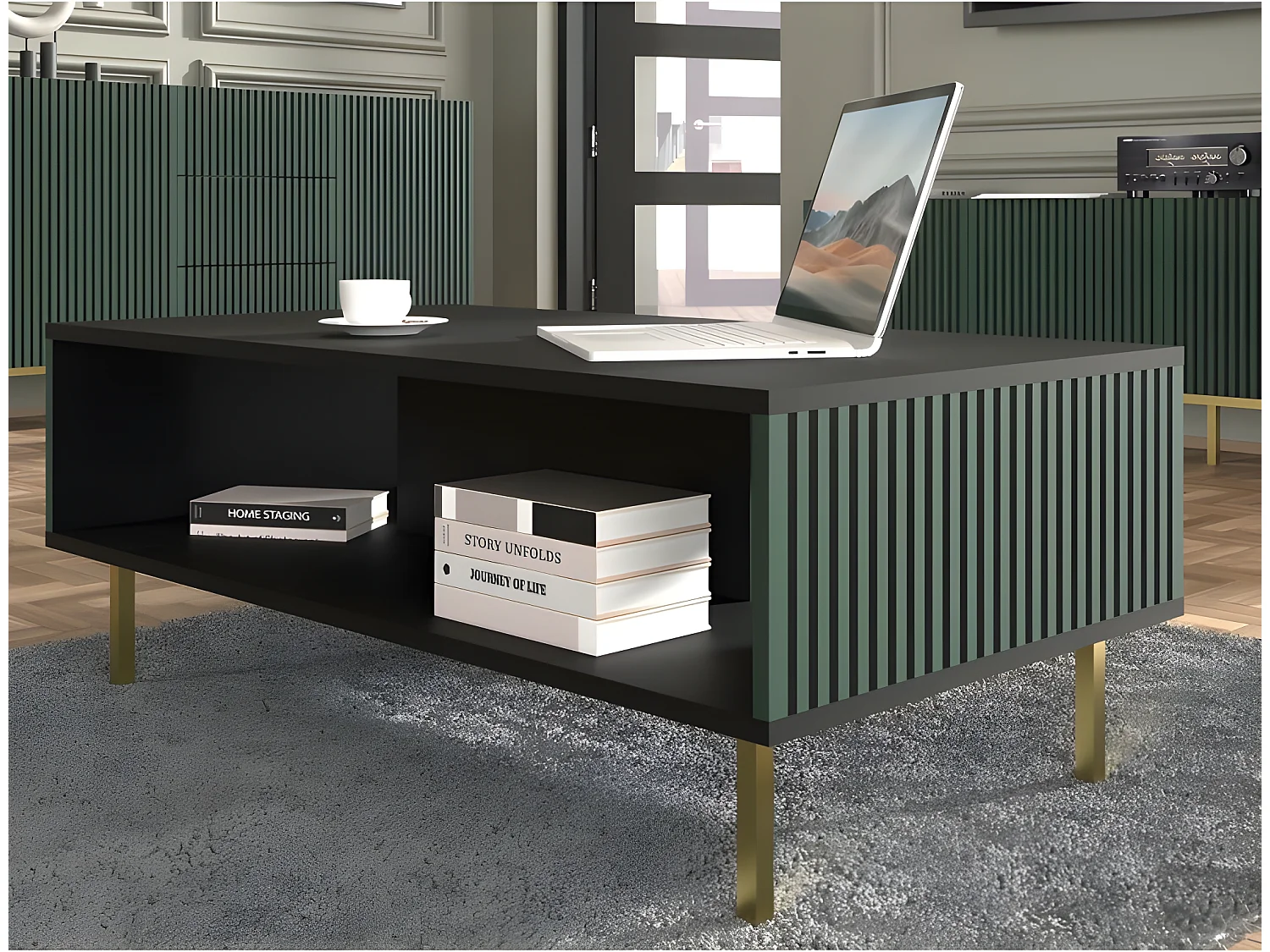 Table basse Noir/Vert foncé 90x60x45 RAVI F PEINT Pied Cadré or