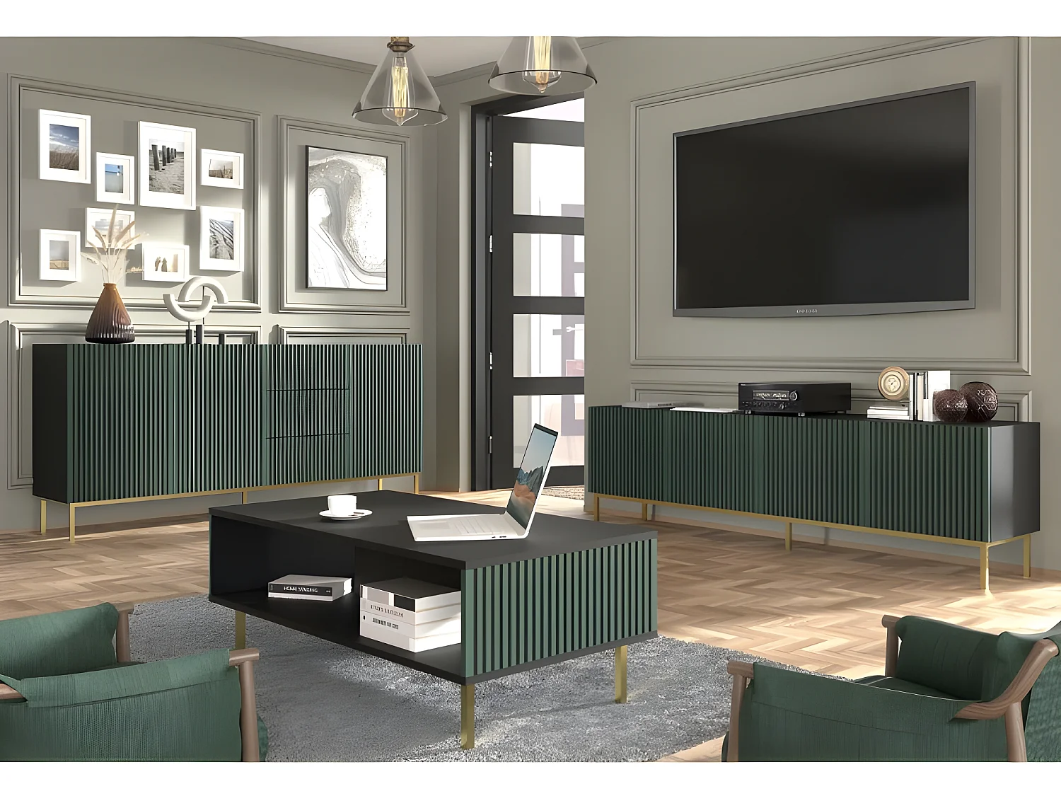 Table basse Noir/Vert foncé 90x60x45 RAVI F PEINT Pied Cadré or