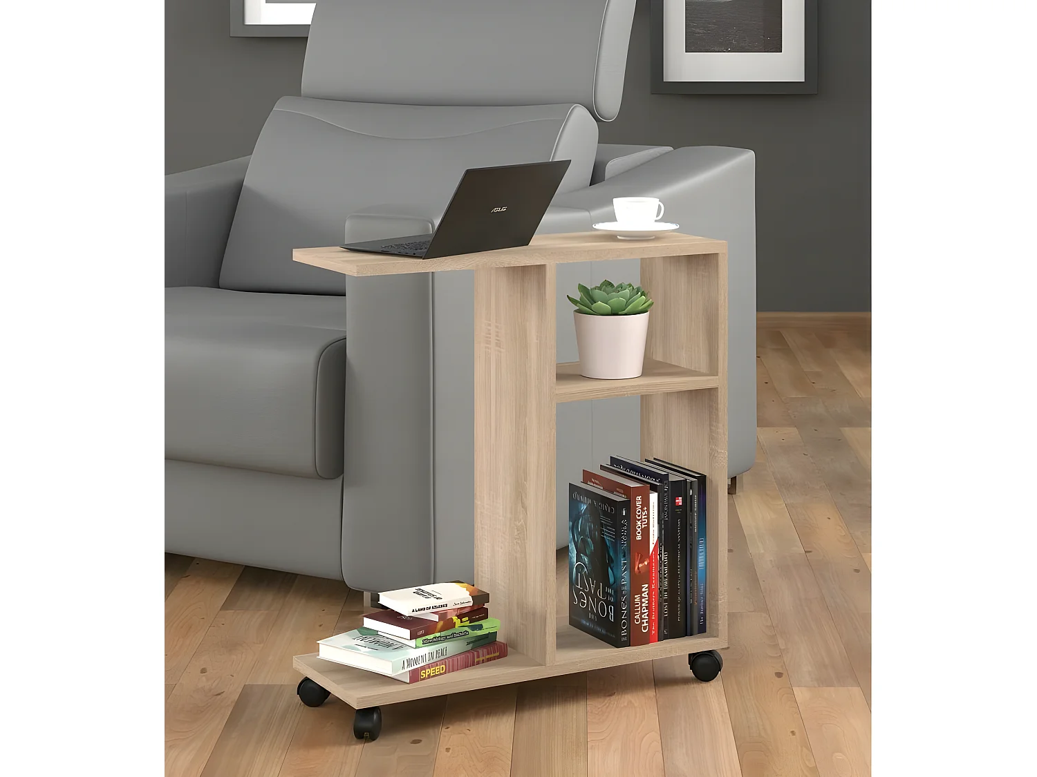 Table basse Organisateur 60x22x65cm(LxPxH)TRASCO 1 Sonoma sur roulettes design moderne