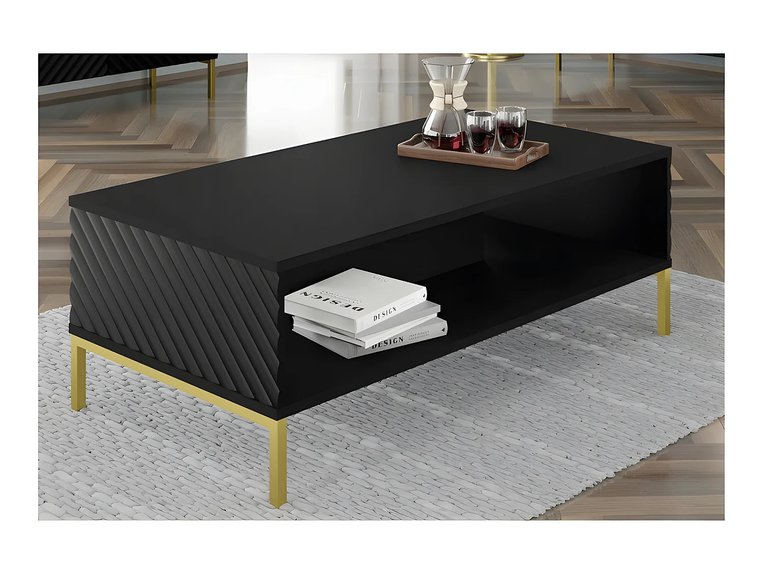 Table basse noir mat fraisé 90x60cm avec étagére de haute qualité modèle SURFA pieds noir