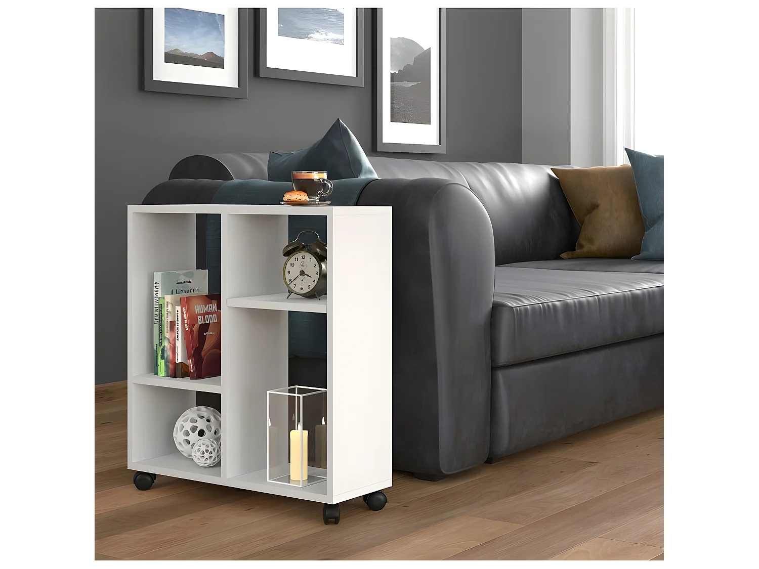 Table basse Organisateur 60x20x65cm(LxPxH)TRASCO 2 blanc sur roulettes design moderne