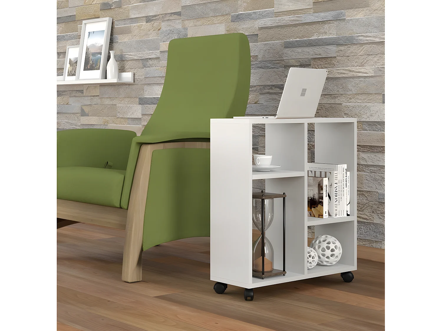 Table basse Organisateur 60x20x65cm(LxPxH)TRASCO 2 blanc sur roulettes design moderne