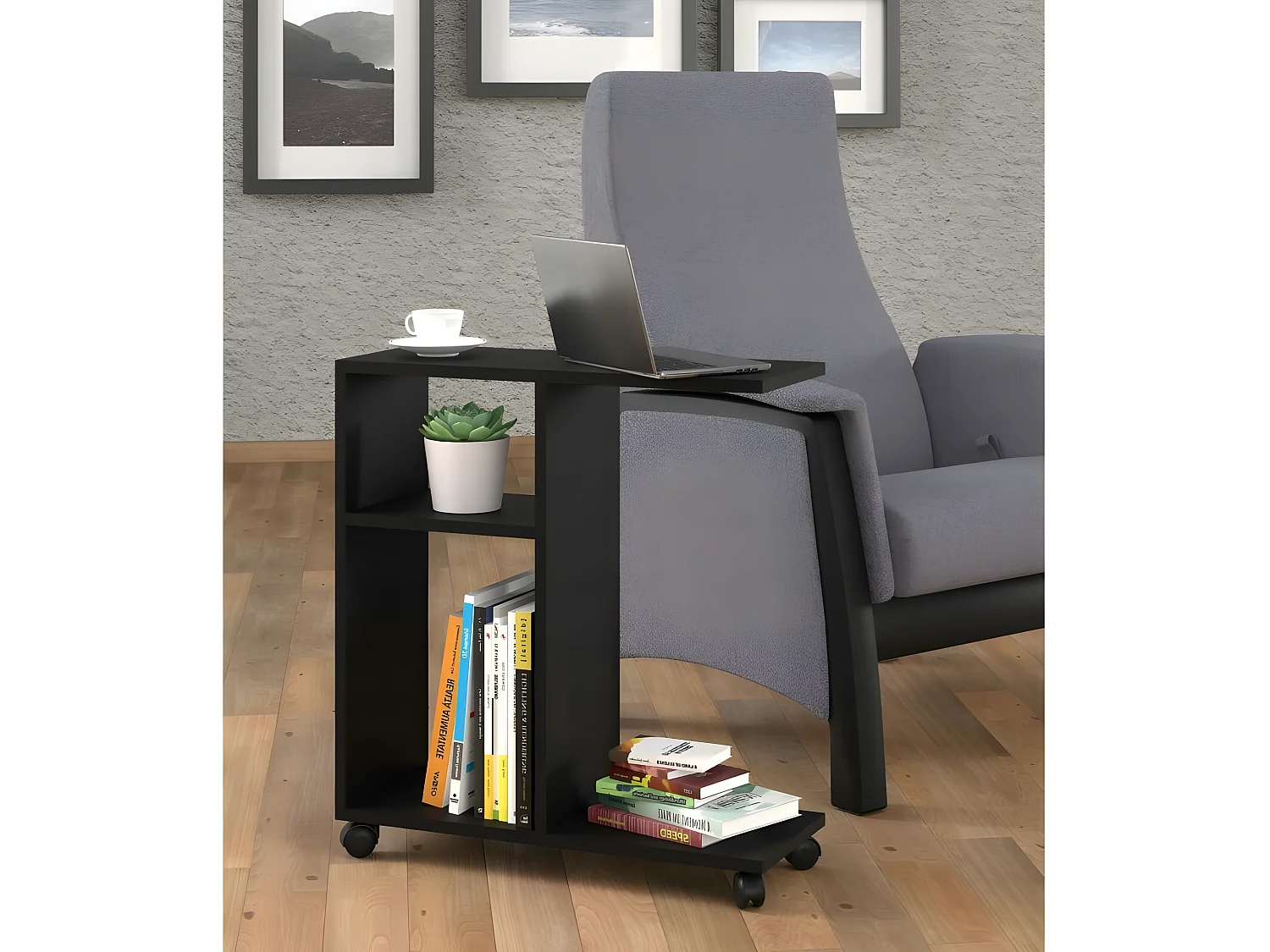 Table basse Organisateur 60x22x65cm(LxPxH)TRASCO 1 Noir sur roulettes design moderne