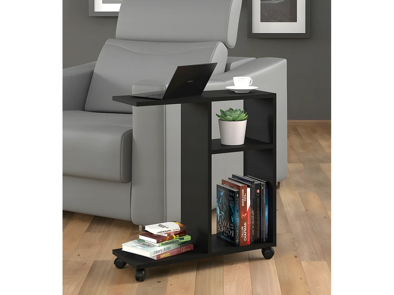 Table basse Organisateur 60x22x65cm(LxPxH)TRASCO 1 Noir sur roulettes design moderne