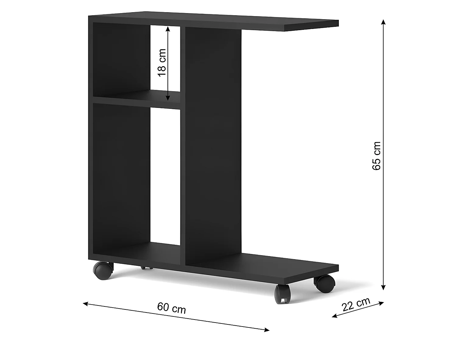 Table basse Organisateur 60x22x65cm(LxPxH)TRASCO 1 Noir sur roulettes design moderne