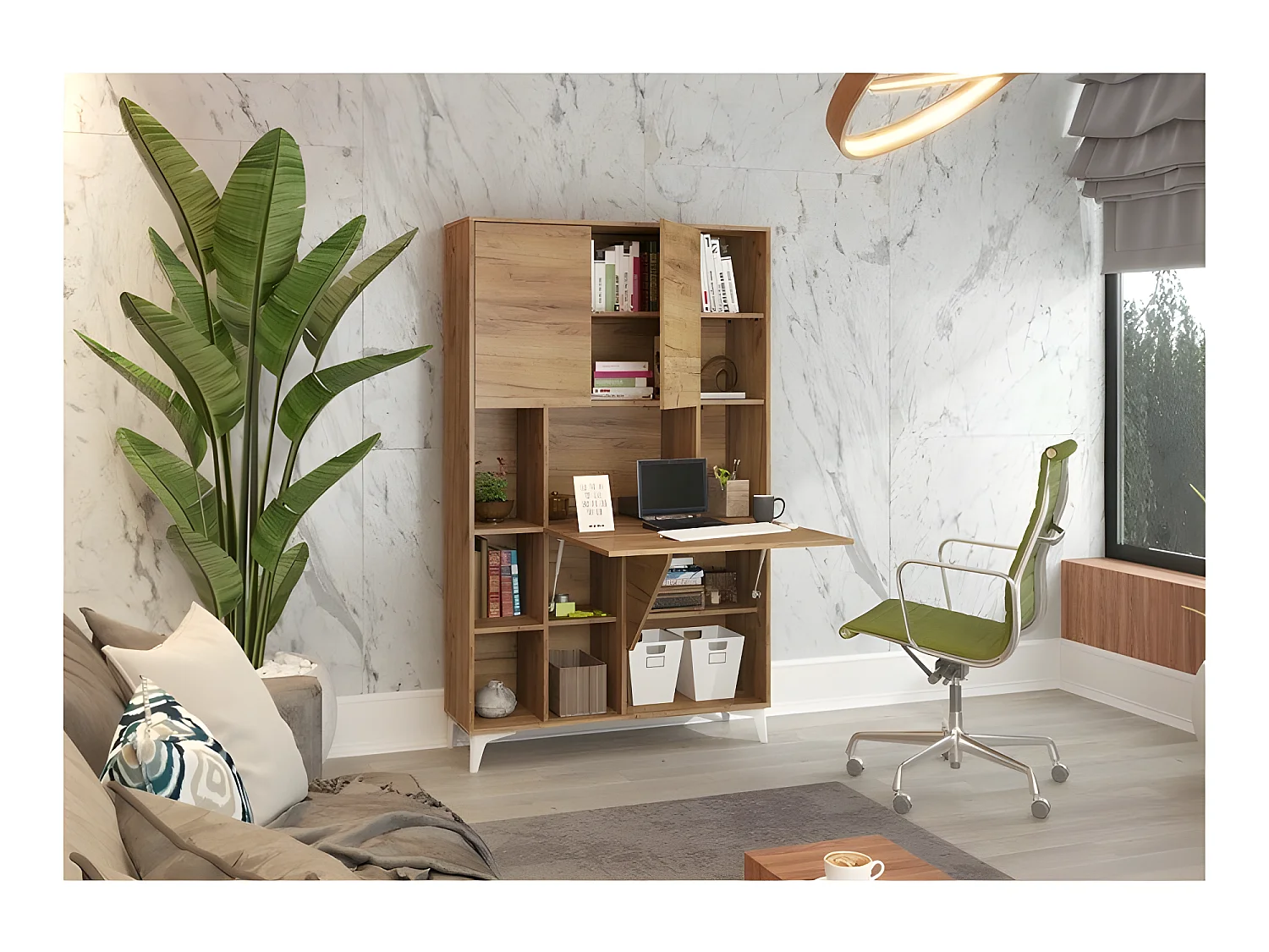 Armoire Placard Convertible en bureau et table Home office 175x105x34cm « Meggie 2-Or Artisan»