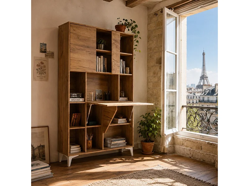 Armoire Placard Convertible en bureau et table Home office 175x105x34cm « Meggie 2-Or Artisan»