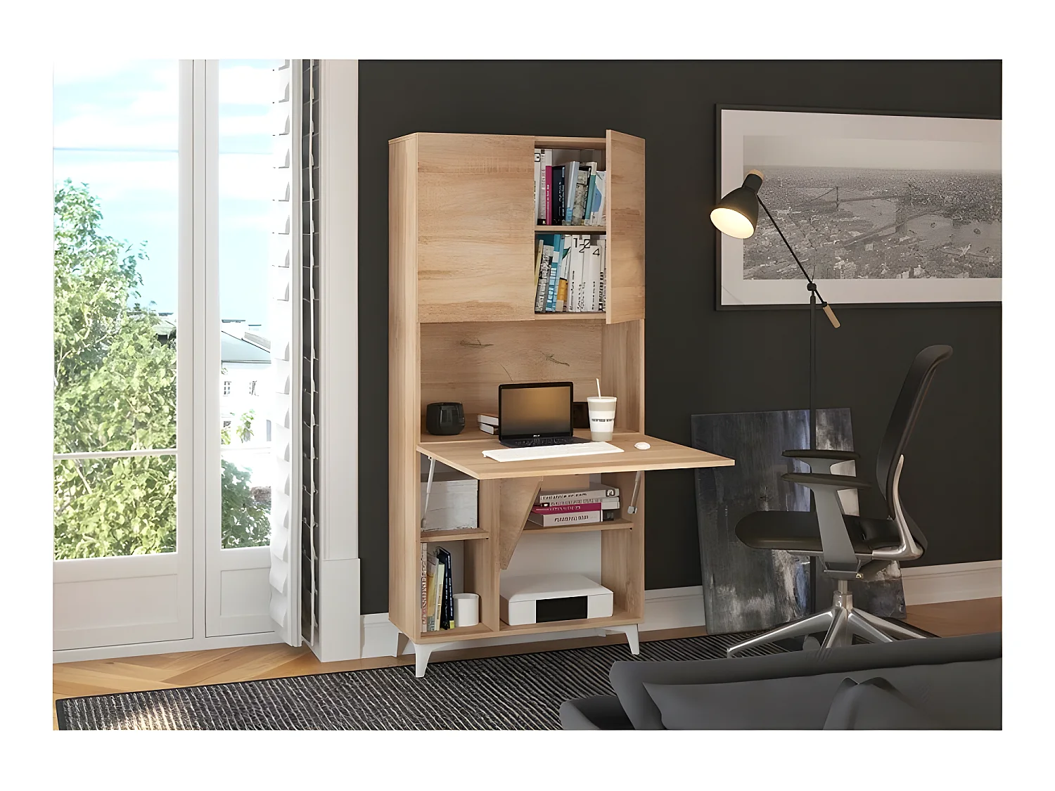 Armoire Placard Convertible en bureau et table Home office 175x80x36cm « Meggie-Sonoma Chêne»