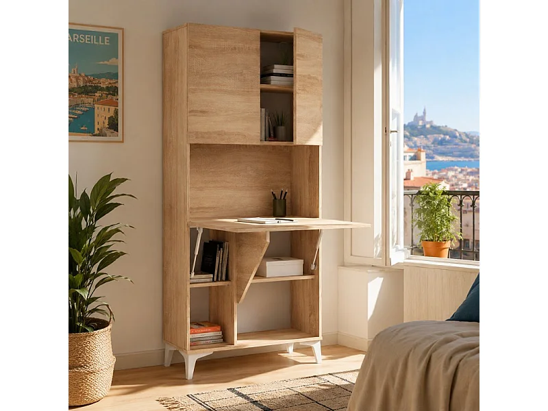 Armoire Placard Convertible en bureau et table Home office 175x80x36cm « Meggie-Sonoma Chêne»
