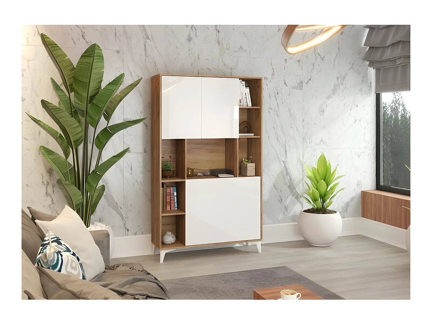 Armoire Placard Convertible en bureau et table Home office 175x105x34cm « Meggie 2-Blanc brillant (front)/Or Artisan(corps)»