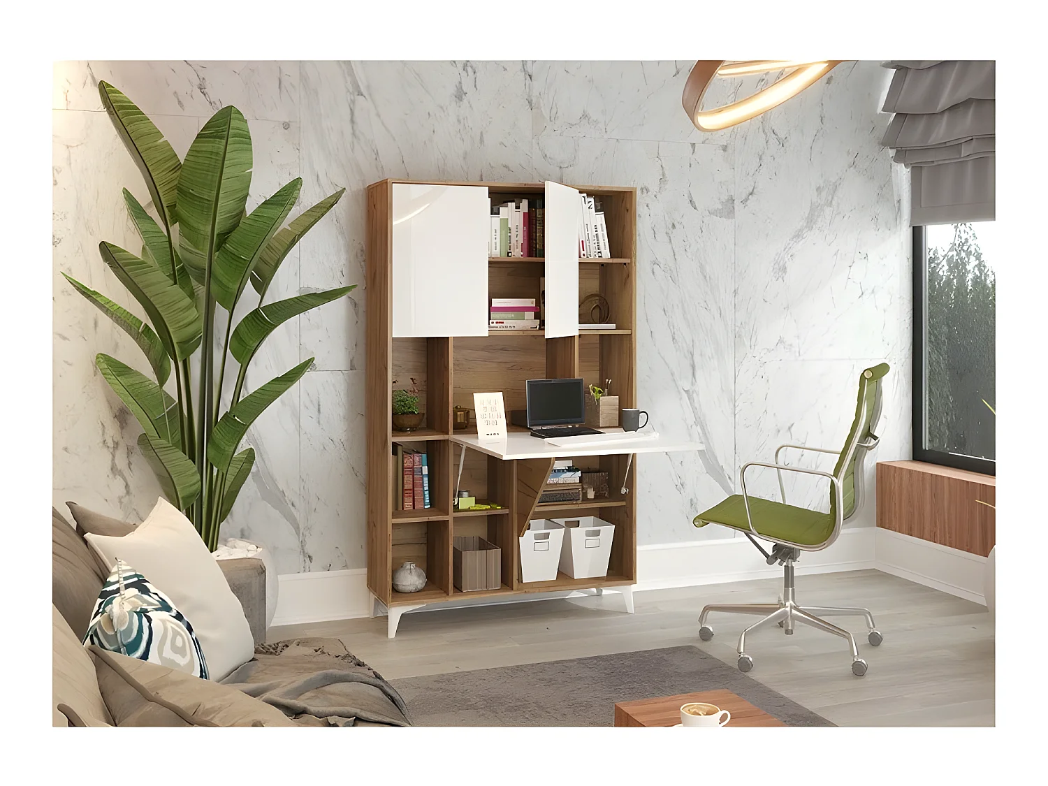 Armoire Placard Convertible en bureau et table Home office 175x105x34cm « Meggie 2-Blanc brillant (front)/Or Artisan(corps)»