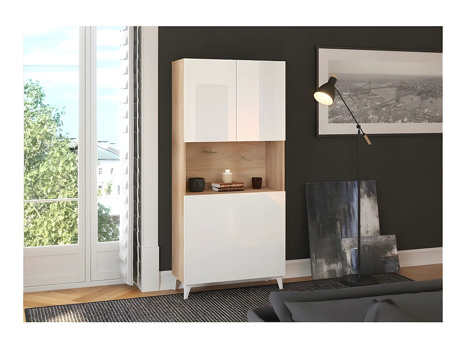 Armoire Placard Convertible en bureau et table Home office 175x80x36cm « Meggie-Blanc brillant (front)/Chêne sonoma(corps)»