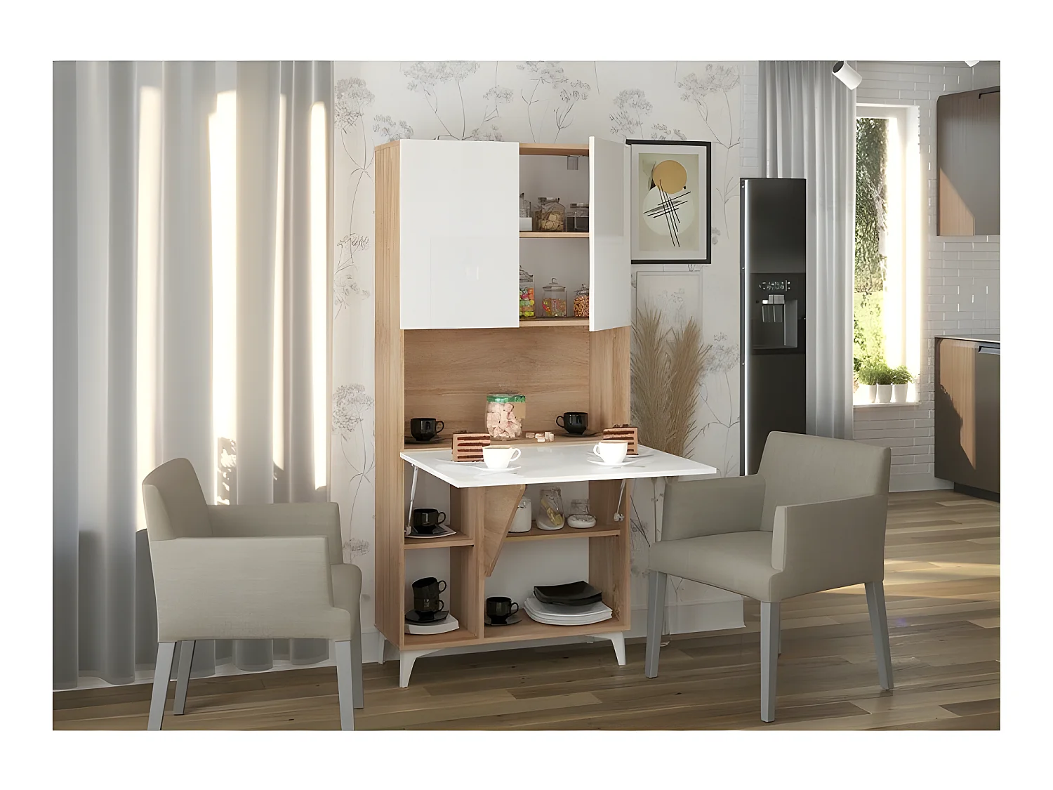 Armoire Placard Convertible en bureau et table Home office 175x80x36cm « Meggie-Blanc brillant (front)/Chêne sonoma(corps)»