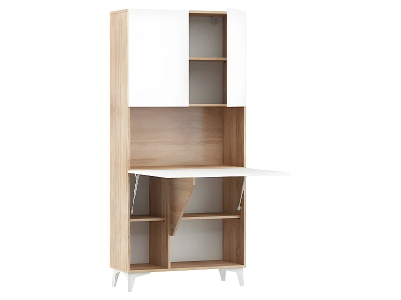 Armoire Placard Convertible en bureau et table Home office 175x80x36cm « Meggie-Blanc brillant (front)/Chêne sonoma(corps)»