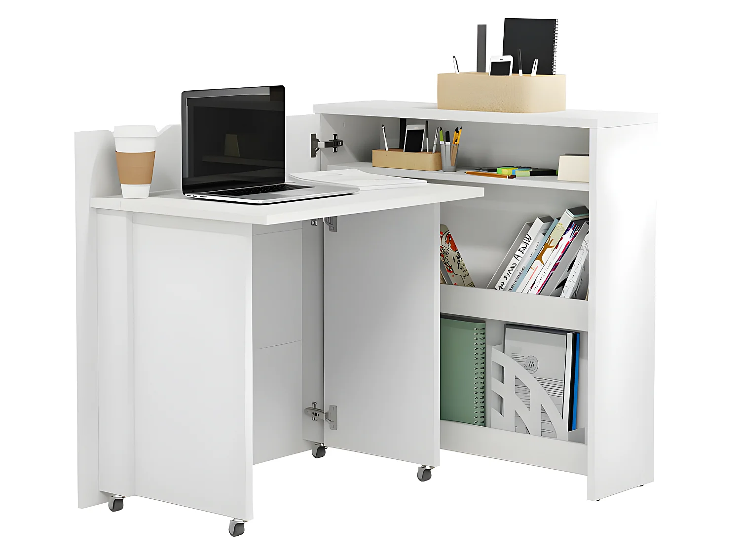 Lenart Bureau extensible avec rangement 90cm OFFICE CONSUS SLIM CW02L blanc brillant gauche