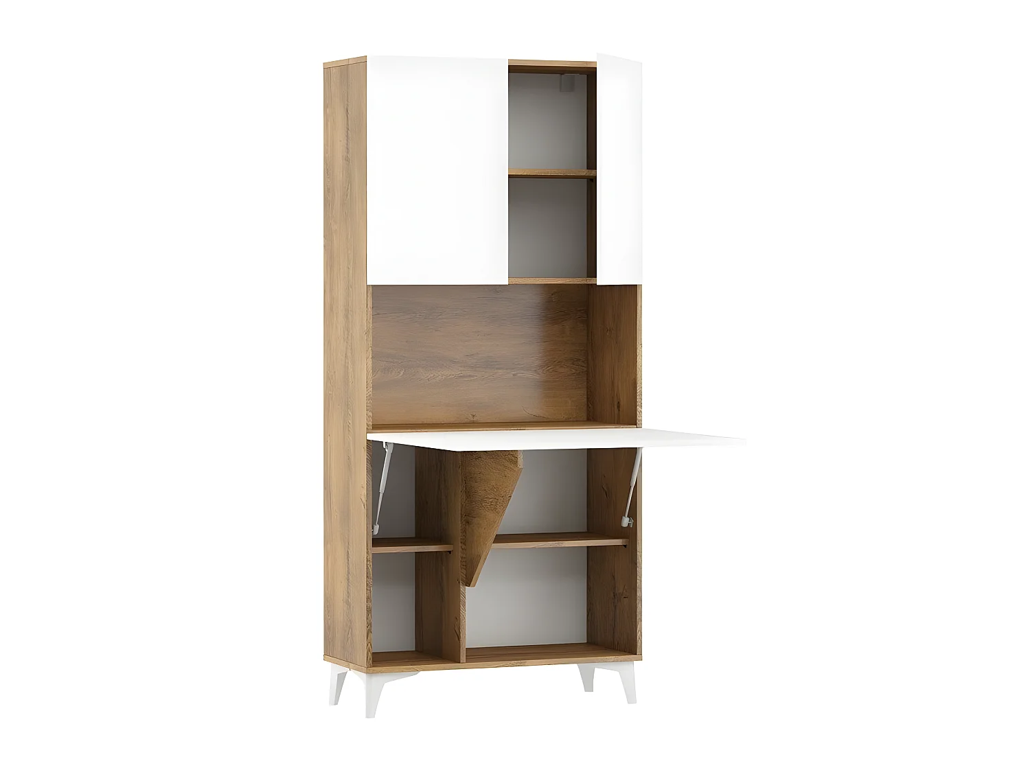 Armoire Placard Convertible en bureau et table Home office 175x80x36cm « Meggie-Blanc brillant (front)/Chêne foncé(corps)»