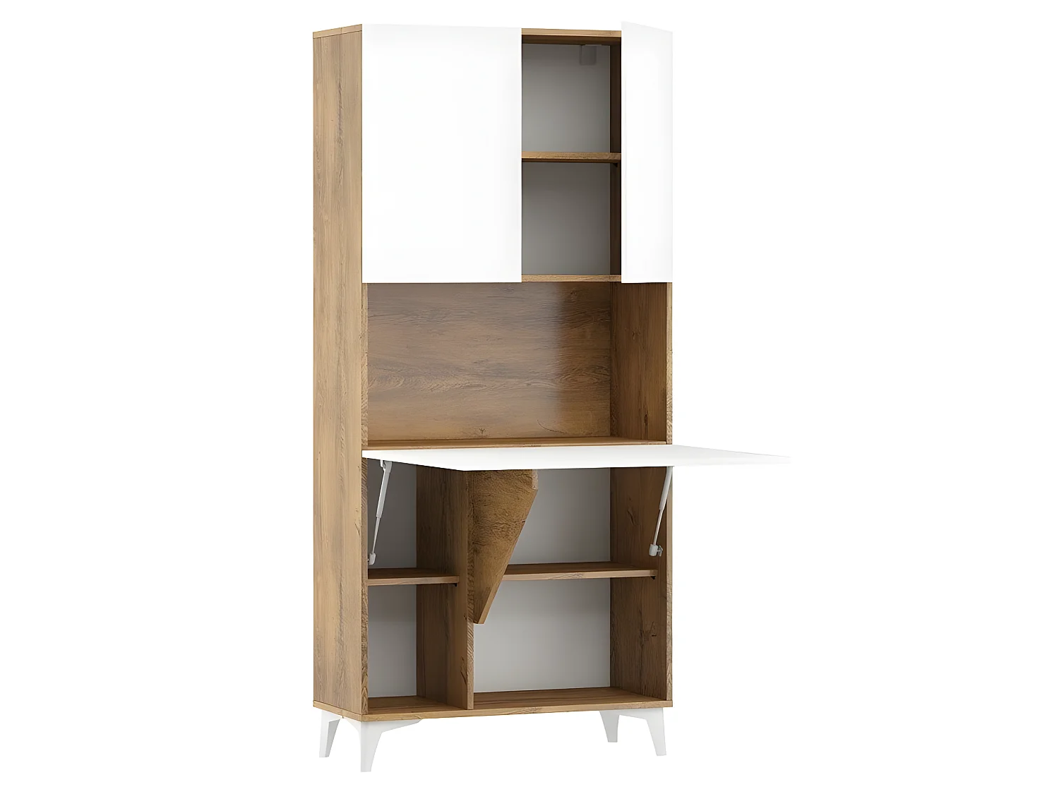 Armoire Placard Convertible en bureau et table Home office 175x80x36cm « Meggie-Blanc brillant (front)/Chêne foncé(corps)»