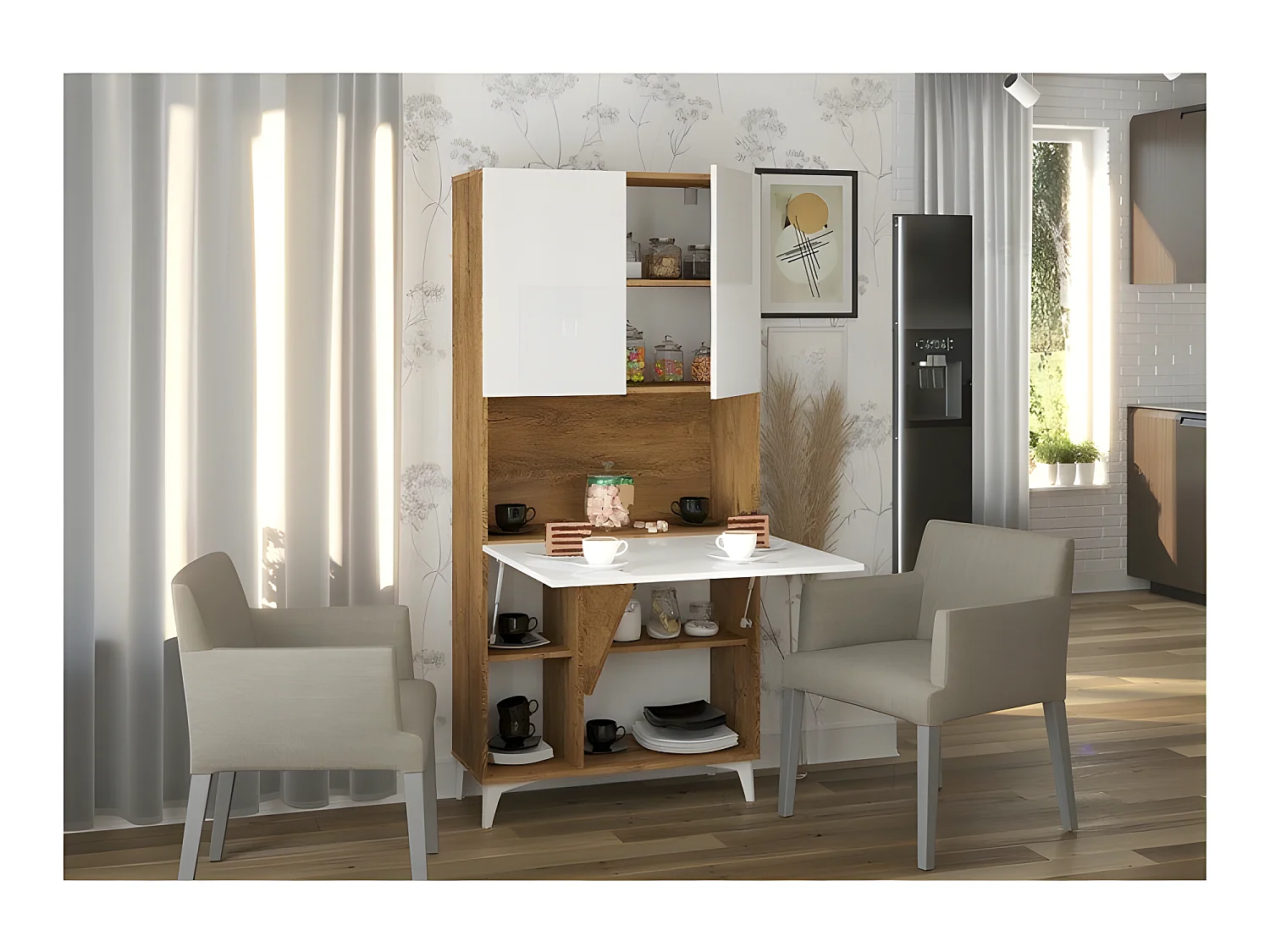 Armoire Placard Convertible en bureau et table Home office 175x80x36cm « Meggie-Blanc brillant (front)/Chêne foncé(corps)»