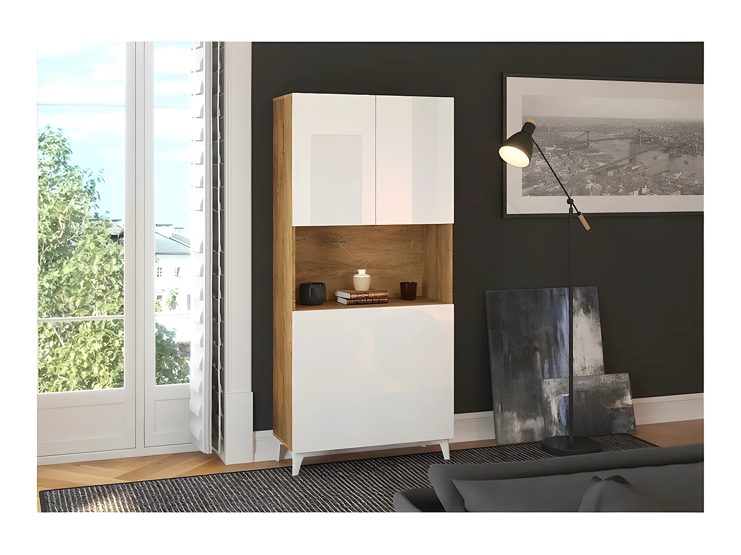 Armoire Placard Convertible en bureau et table Home office 175x80x36cm « Meggie-Blanc brillant (front)/Chêne foncé(corps)»