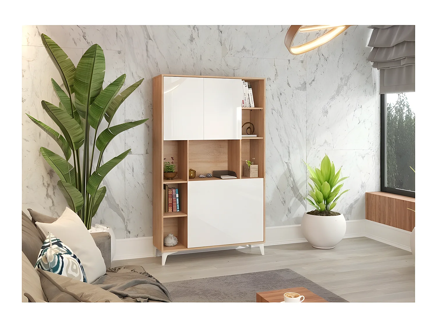 Armoire Placard Convertible en bureau et table Home office 175x105x34cm « Meggie 2-Blanc brillant (front)/Chêne sonoma(corps)»
