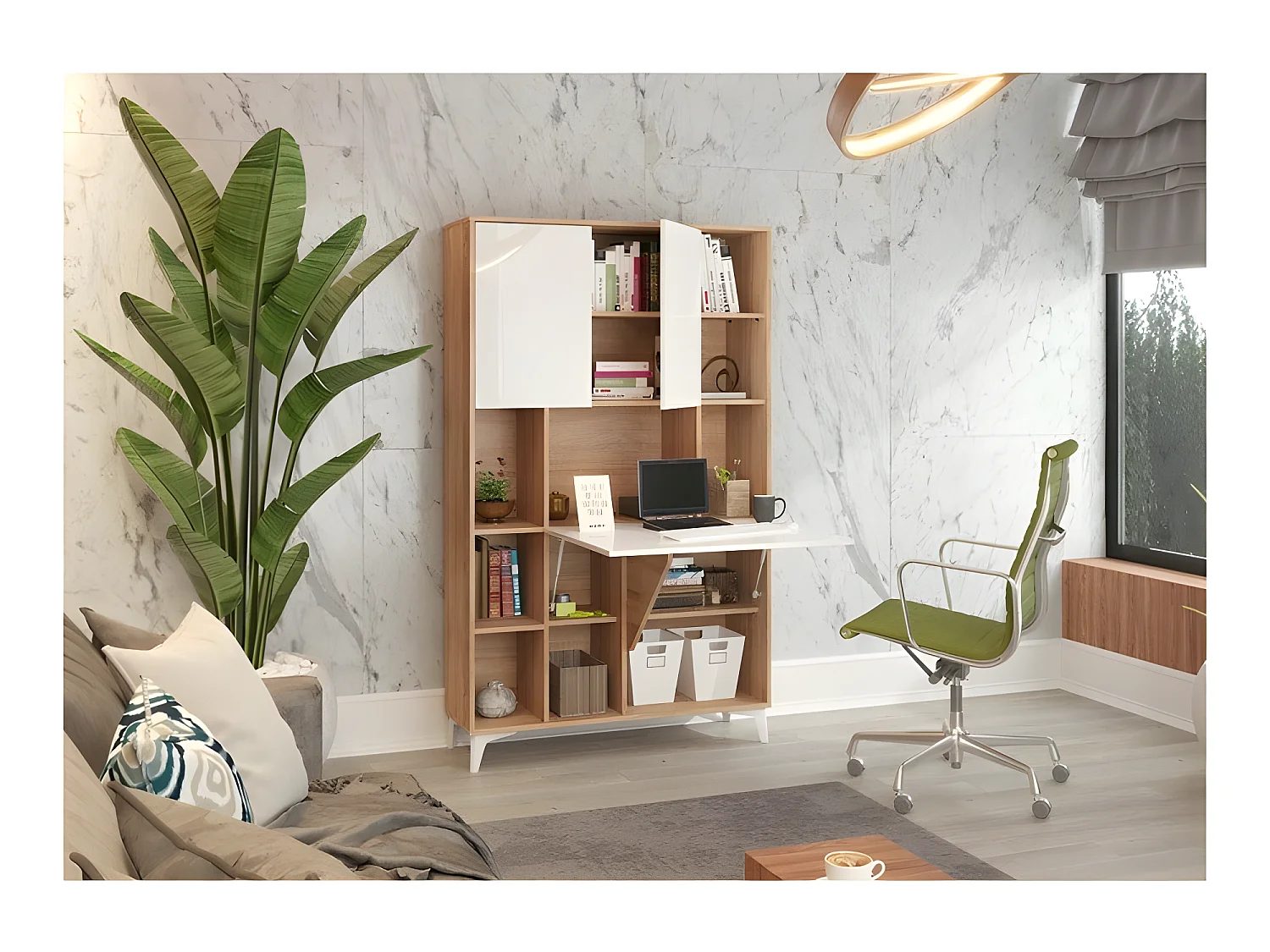 Armoire Placard Convertible en bureau et table Home office 175x105x34cm « Meggie 2-Blanc brillant (front)/Chêne sonoma(corps)»