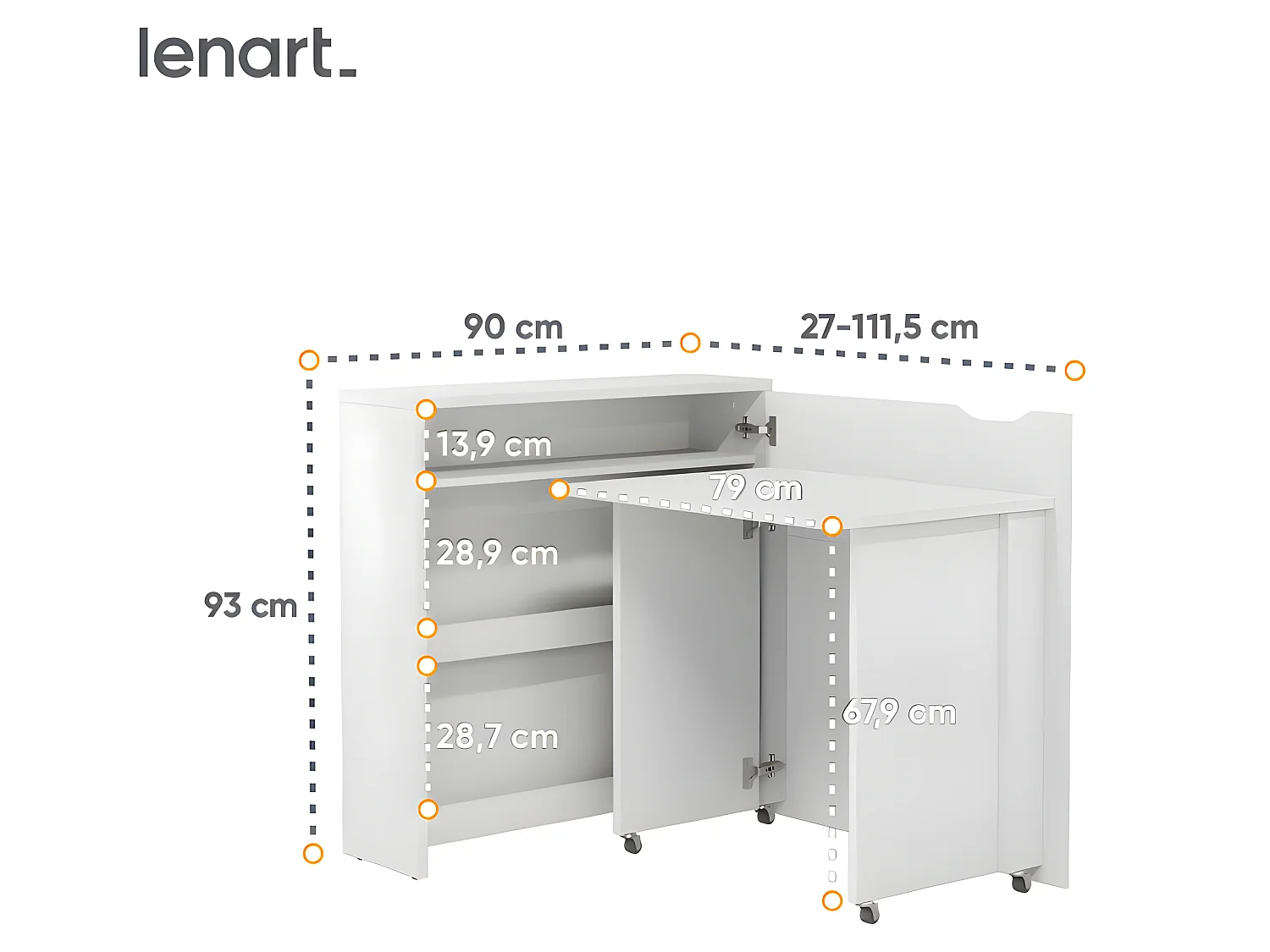 Lenart Bureau extensible avec rangement 90cm OFFICE CONSUS SLIM CW02P blanc brillant droit