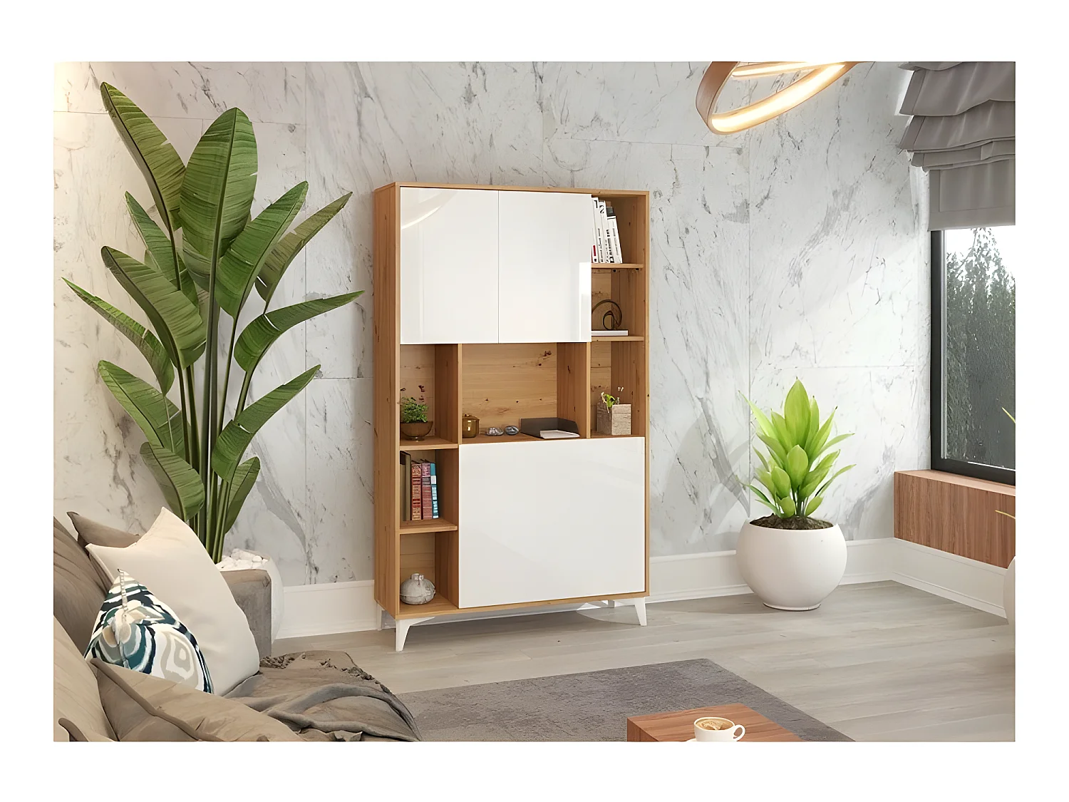 Armoire Placard Convertible en bureau et table Home office 175x105x34cm « Meggie 2-Blanc brillant (front)/Chêne Artisan(corps)»