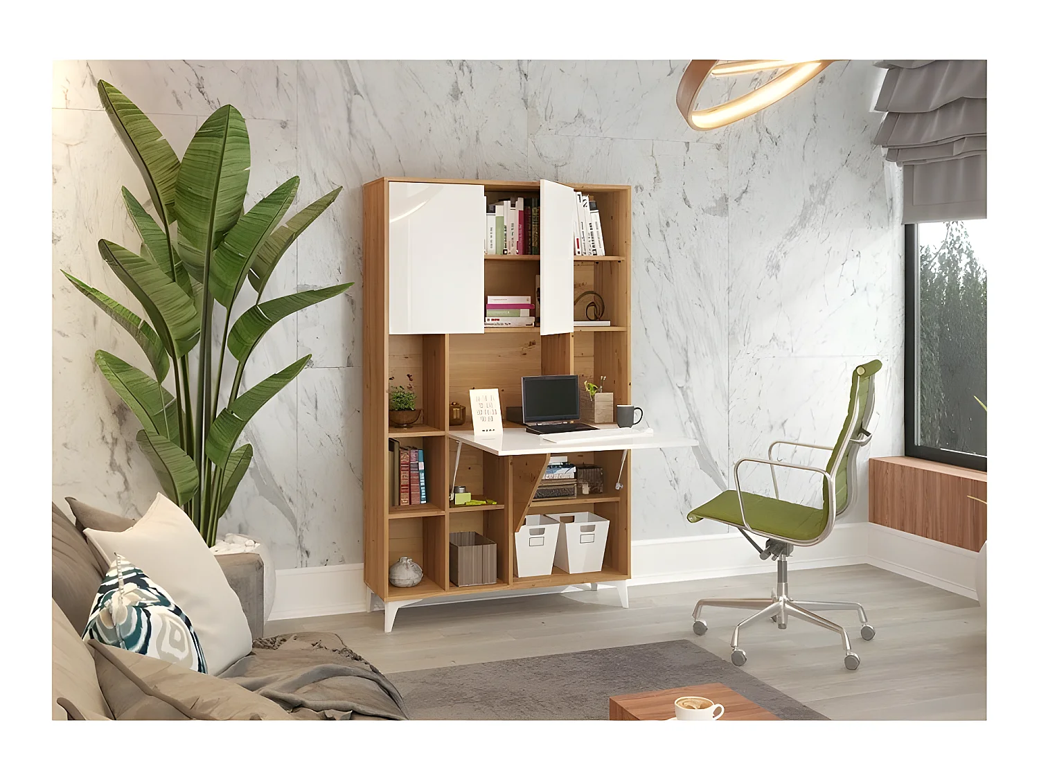 Armoire Placard Convertible en bureau et table Home office 175x105x34cm « Meggie 2-Blanc brillant (front)/Chêne Artisan(corps)»