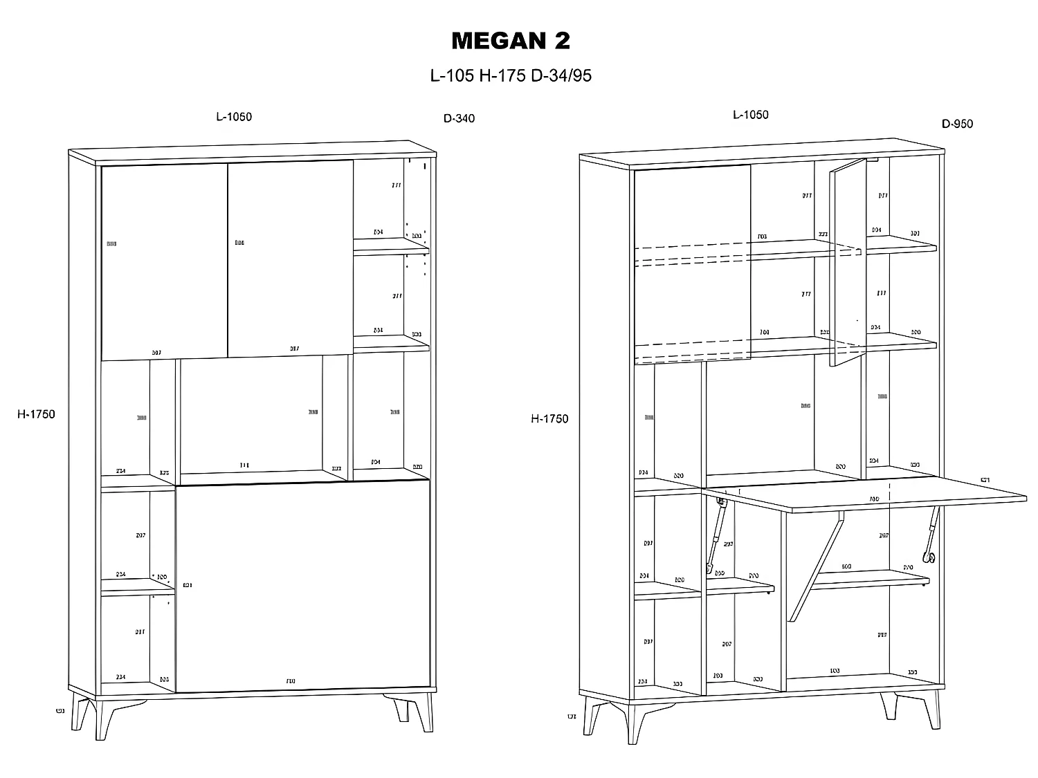 Armoire Placard Convertible en bureau et table Home office 175x105x34cm « Meggie 2-Blanc brillant (front)/Chêne Artisan(corps)»