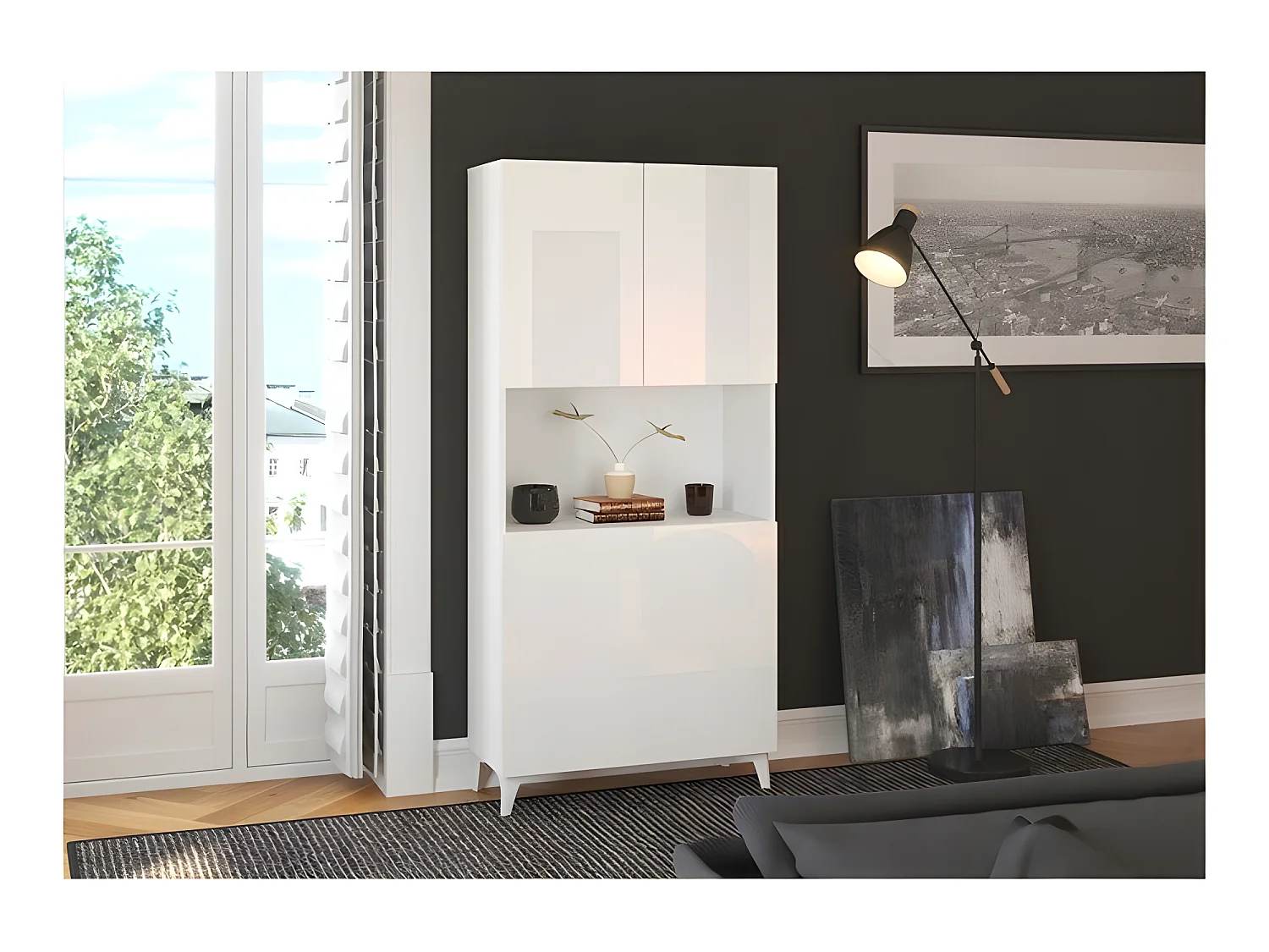 Armoire Placard Convertible en bureau et table Home office 175x80x36cm « Meggie-Blanc brillant(front)/blanc mat(corps)»