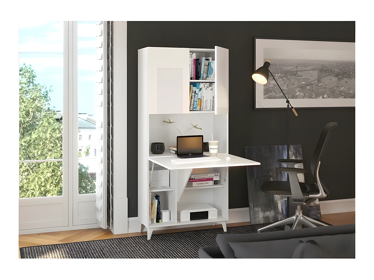 Armoire Placard Convertible en bureau et table Home office 175x80x36cm « Meggie-Blanc brillant(front)/blanc mat(corps)»