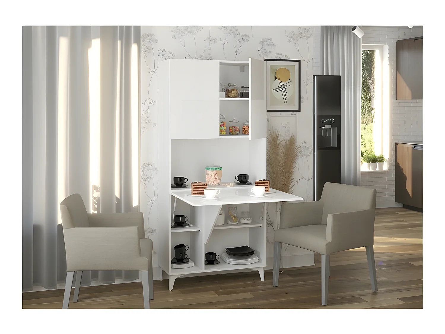Armoire Placard Convertible en bureau et table Home office 175x80x36cm « Meggie-Blanc brillant(front)/blanc mat(corps)»