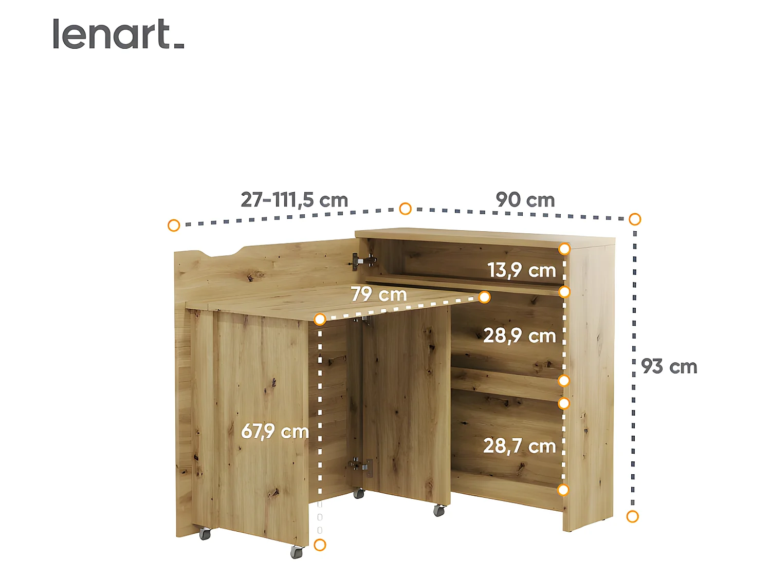Lenart Bureau extensible avec rangement 90cm OFFICE CONSUS SLIM CW02L chene artisan gauche