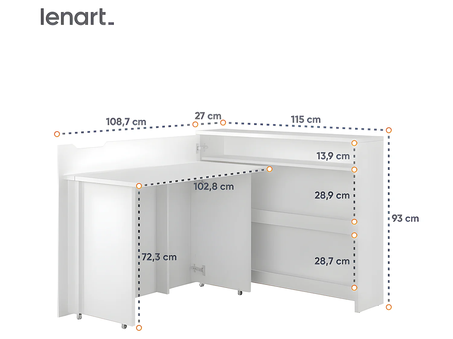 Lenart Bureau extensible avec rangement 115cm OFFICE CONSUS CW01L blanc mat gauche