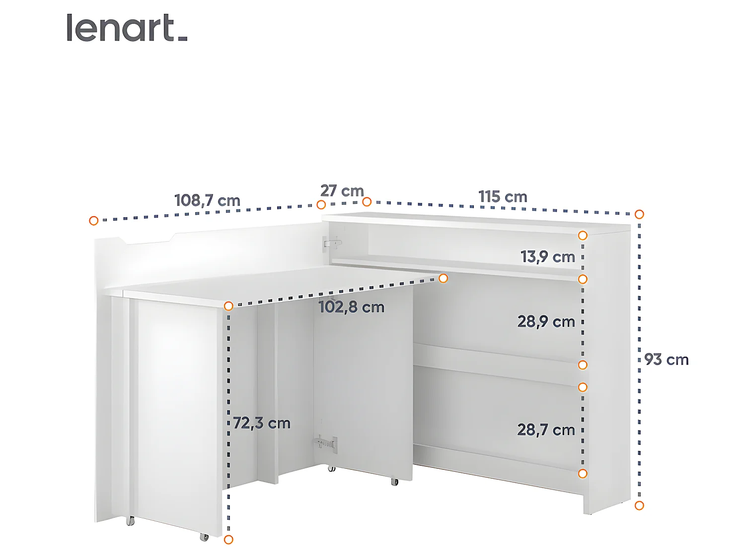 Lenart Bureau extensible avec rangement 115cm OFFICE CONSUS CW01L blanc mat gauche