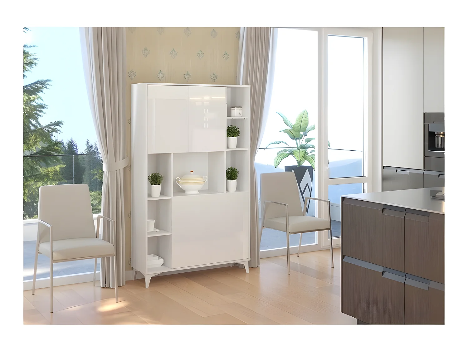 Armoire Placard Convertible en bureau et table Home office 175x105x34cm « Meggie 2-Blanc brillant»
