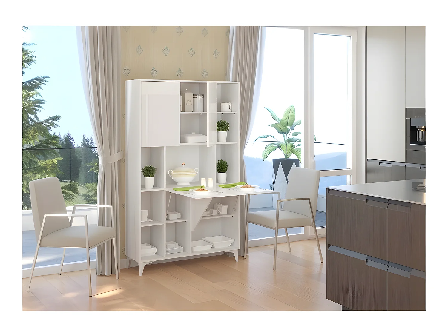 Armoire Placard Convertible en bureau et table Home office 175x105x34cm « Meggie 2-Blanc brillant»