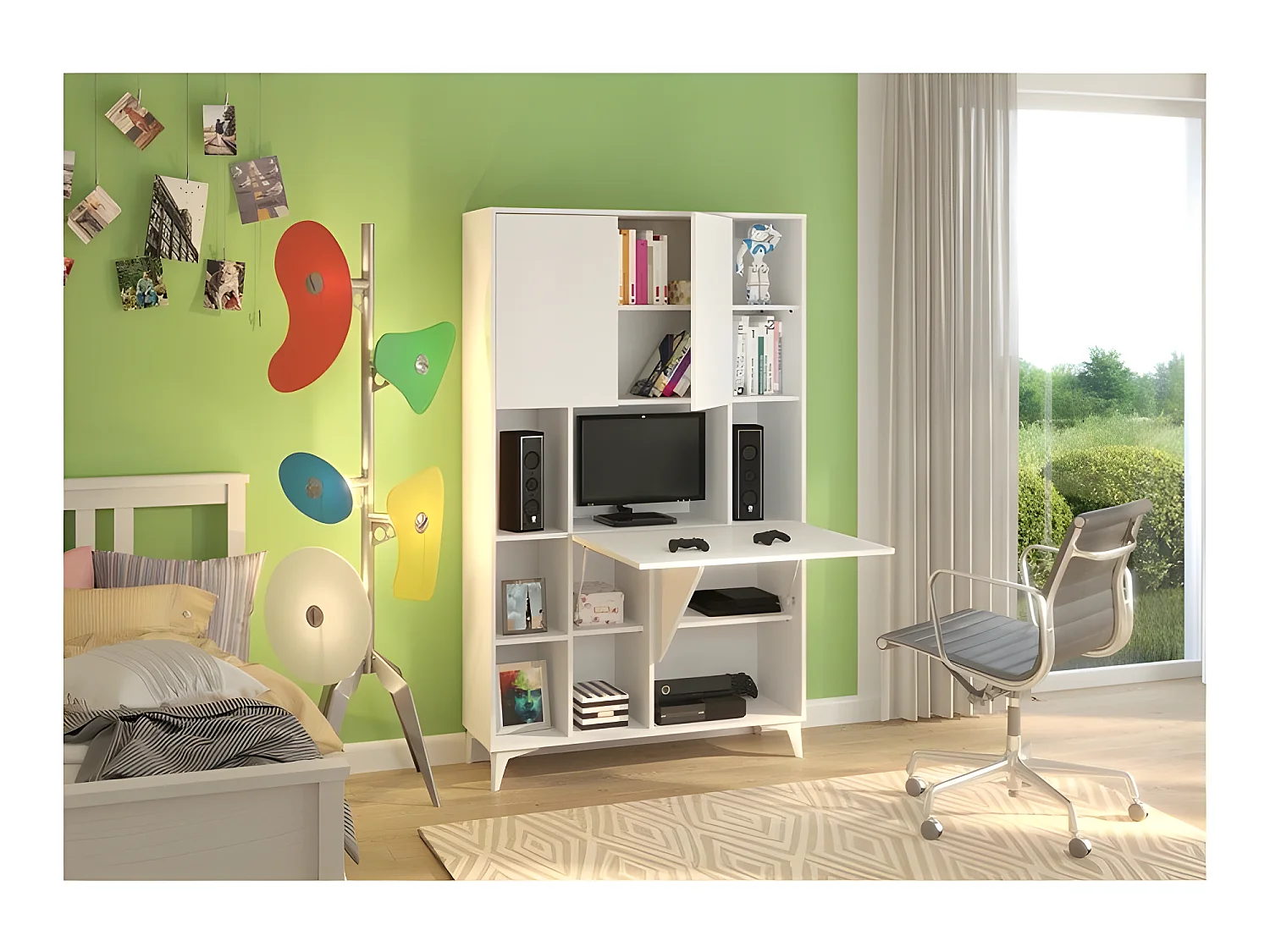 Armoire Placard Convertible en bureau et table Home office 175x105x34cm « Meggie 2-Blanc mat»