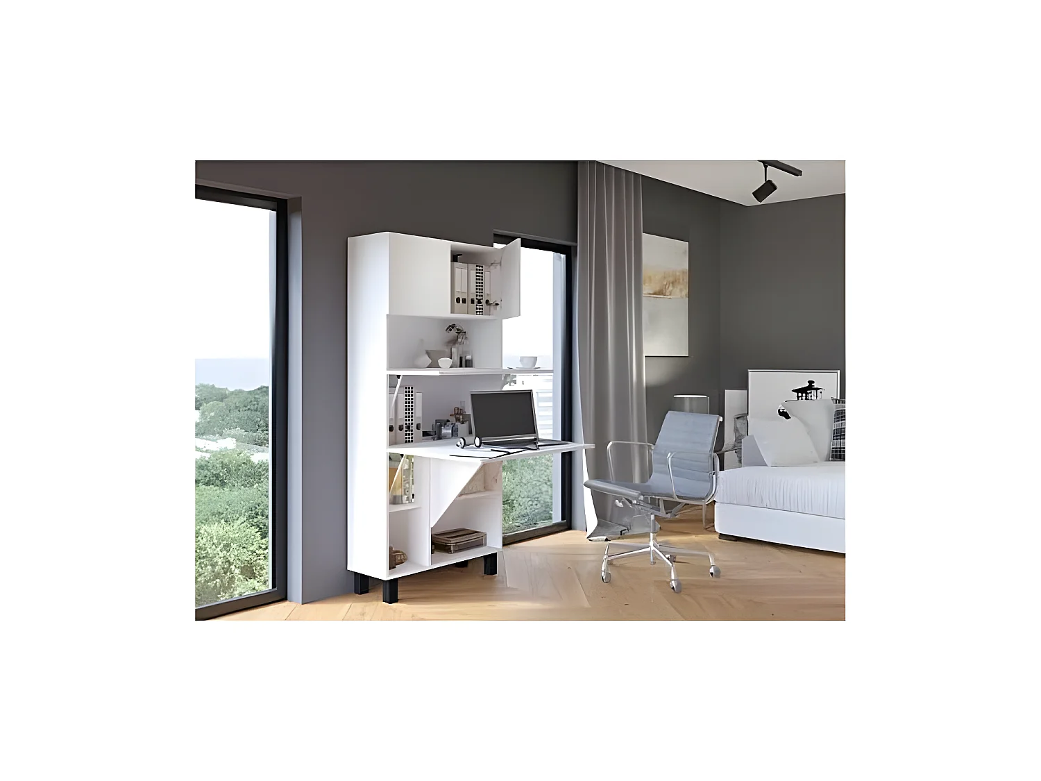 Armoire Placard Convertible en bureau et table Home office 175x80x32cm « Homi-Blanc mat/blanc mat »