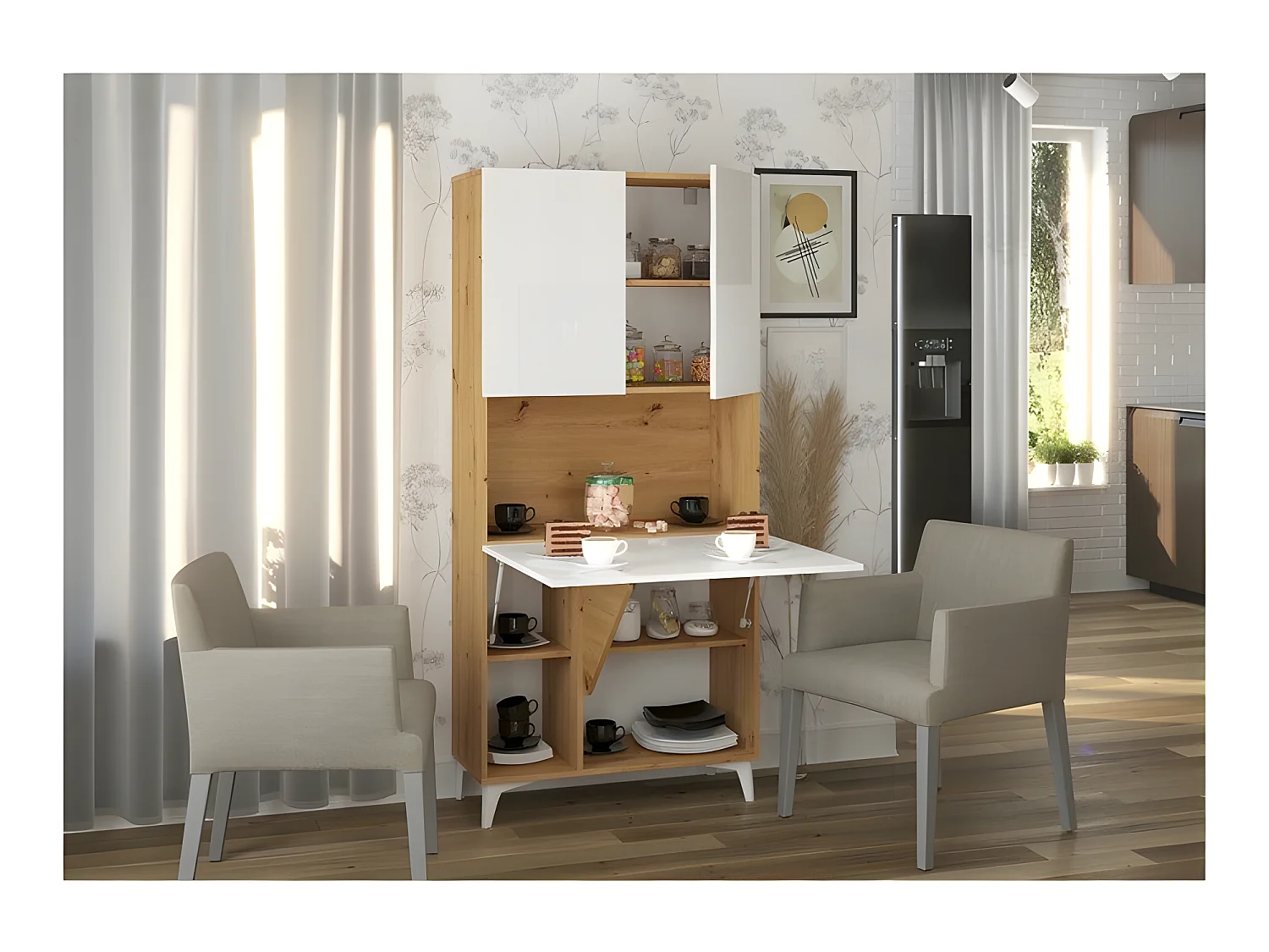 Armoire Placard Convertible en bureau et table Home office 175x80x36cm « Meggie-Blanc brillant (front)/Chêne Artisan(corps)»