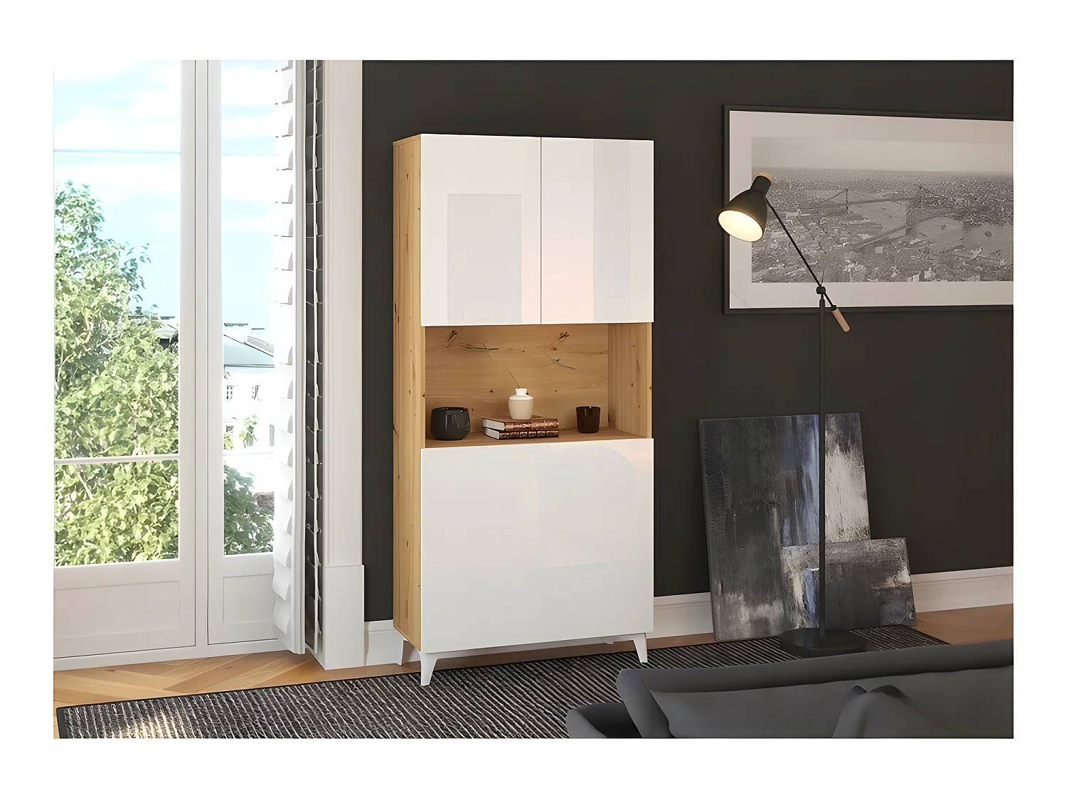 Armoire Placard Convertible en bureau et table Home office 175x80x36cm « Meggie-Blanc brillant (front)/Chêne Artisan(corps)»