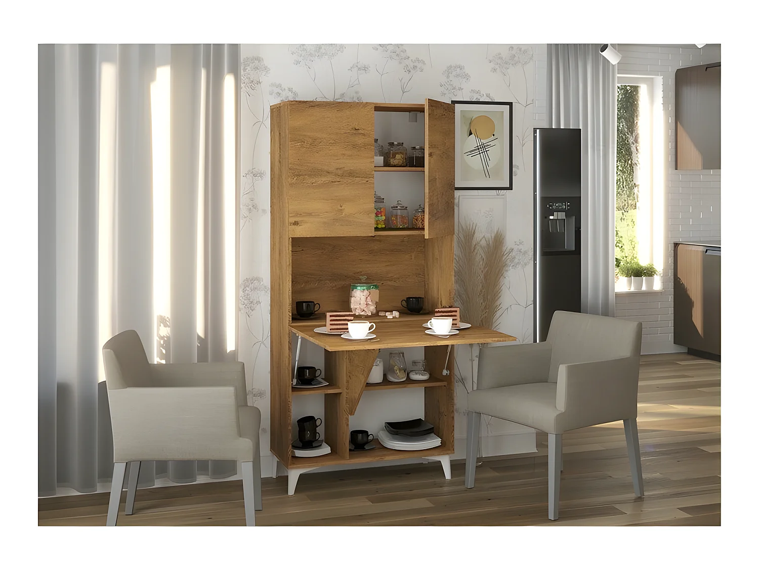 Armoire Placard Convertible en bureau et table Home office 175x80x36cm « Meggie-Chêne foncé»