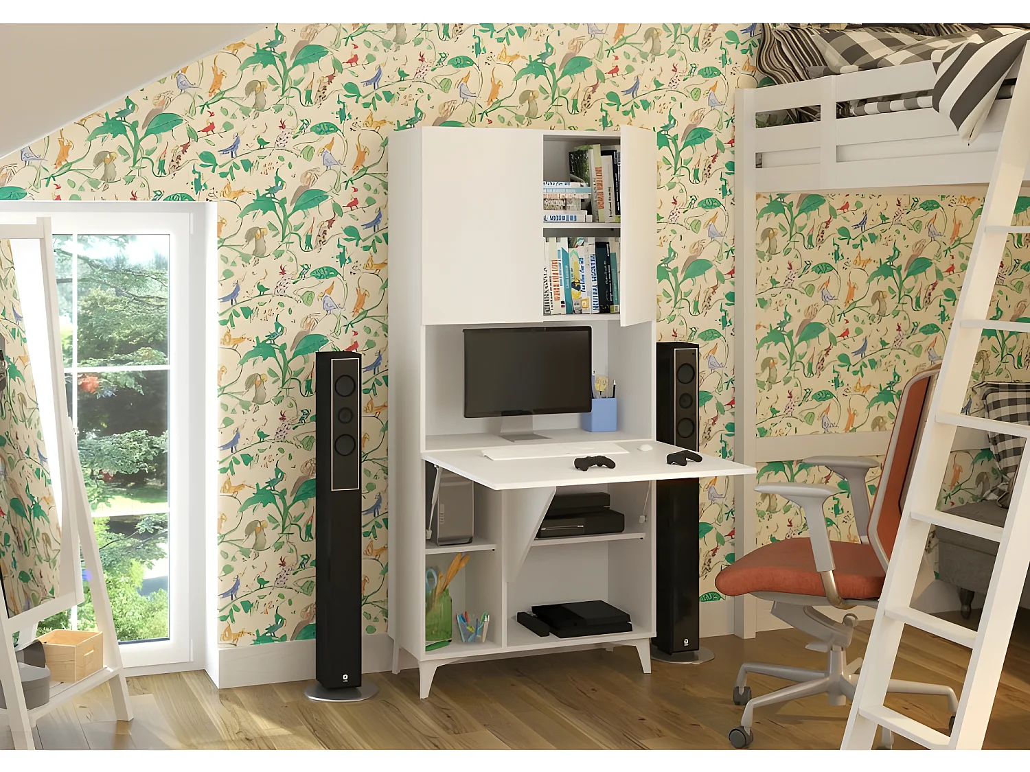 Armoire Placard Convertible en bureau et table Home office 175x80x36cm « Meggie-Blanc mat »