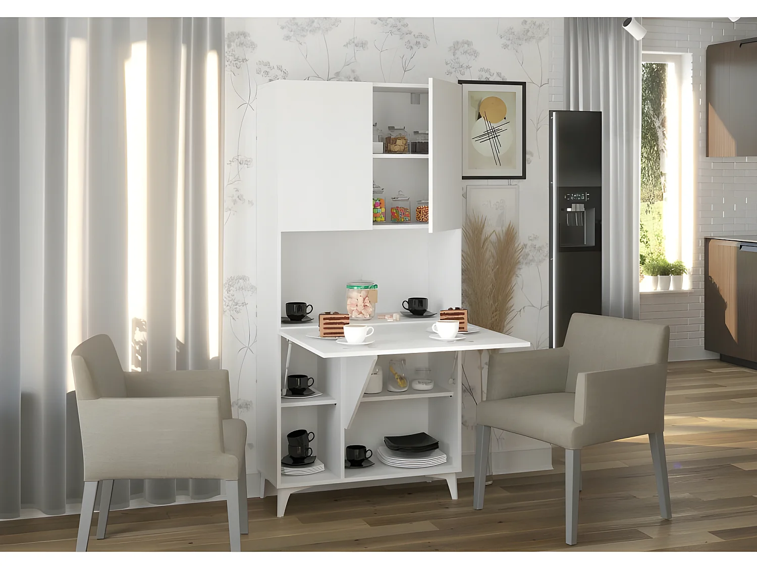 Armoire Placard Convertible en bureau et table Home office 175x80x36cm « Meggie-Blanc mat »