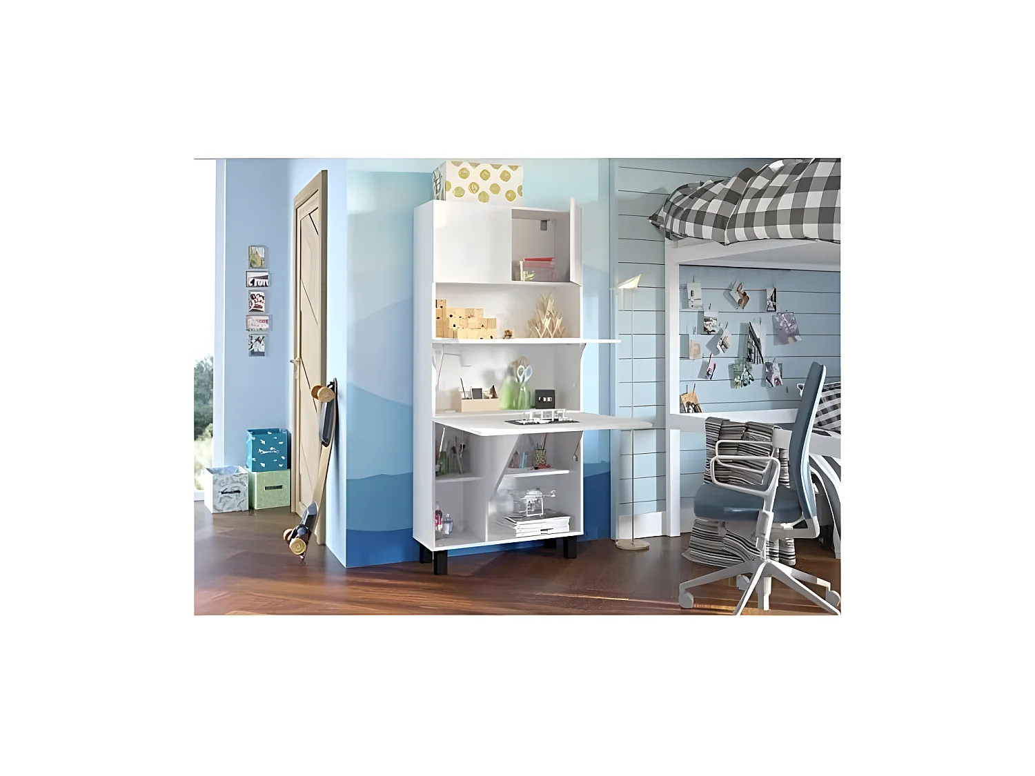 Armoire Placard Convertible en bureau et table Home office 175x80x32cm « Homi-Blanc mat/blanc brillant »