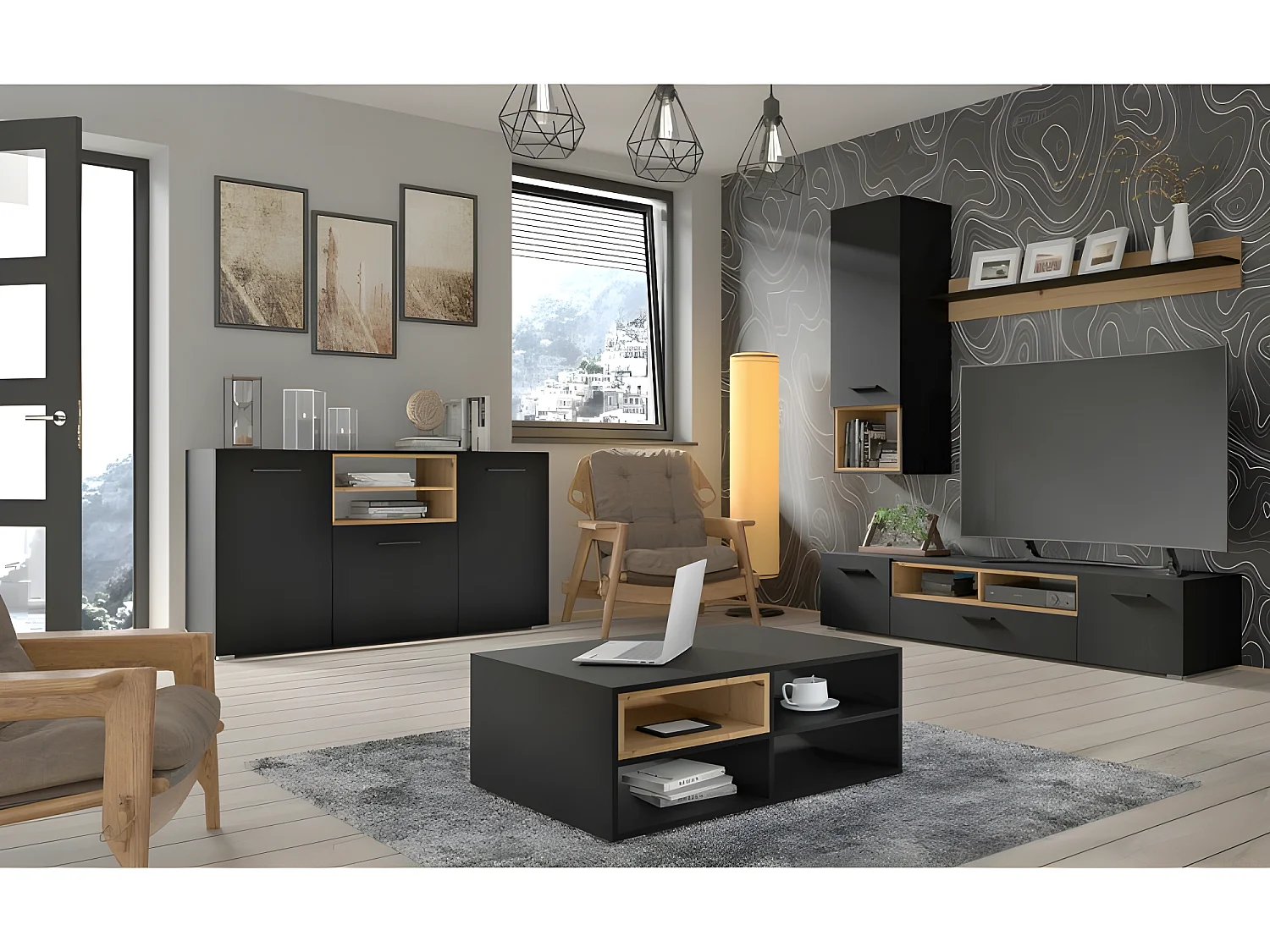 Étagère mural à suspendre Chêne artisan/noir mat Anette 115x20x20cm (LxPxH)