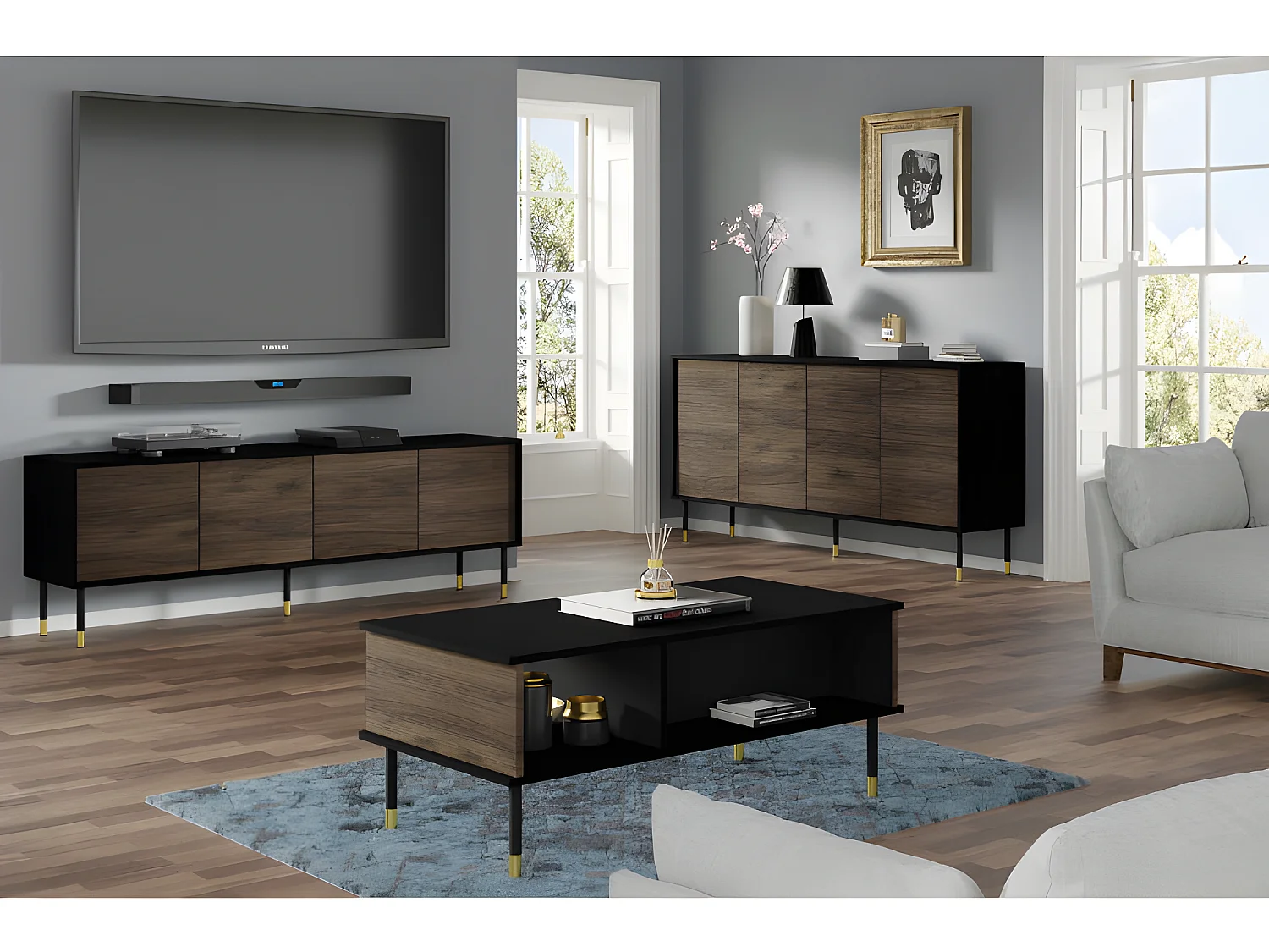 Meuble TV 180x40x60 cm meuble Hi-fi luxueux sur pied couleur du chêne Catane MESHEWOOD
